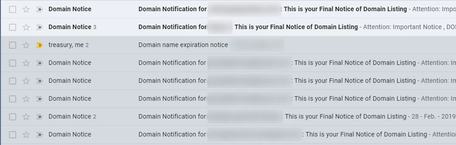 An inbox full of emails titled Domain Notification: This is your Final Notice of Domain Listing