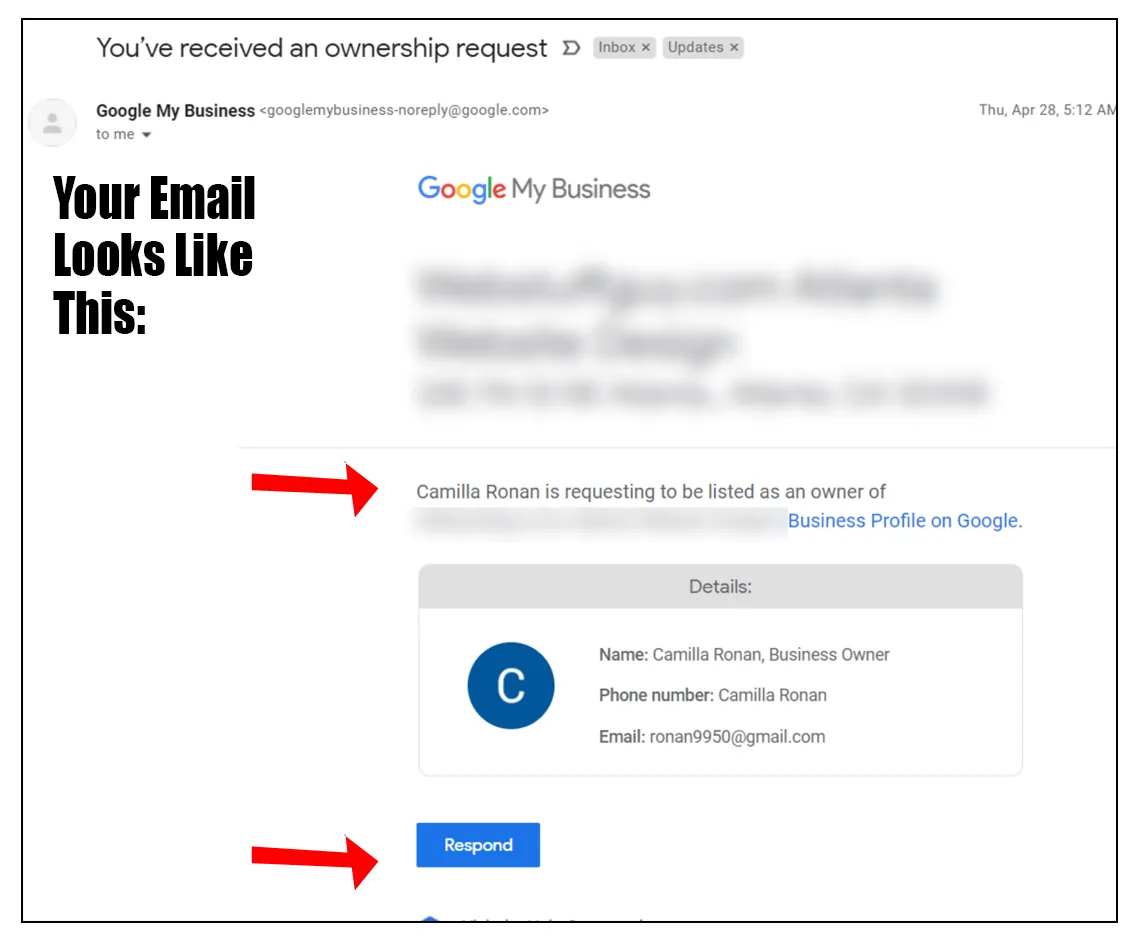 A Google My Business email saying a stranger is requesting to be listed as an owner, with a Respond button